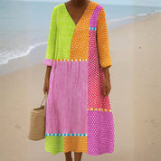 Isabel - Vestido de Patchwork Colorido con Bolitas y Rayas