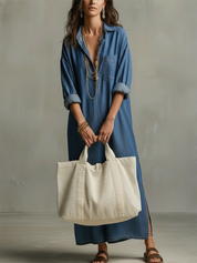 Valeria | Jumpsuit Maxi Oversized con Cuello Camisero y Tejido Vaquero